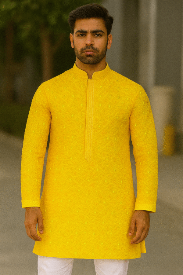 Attire Geometric Embroided Chikankari Kurta Pajama (Yellow)