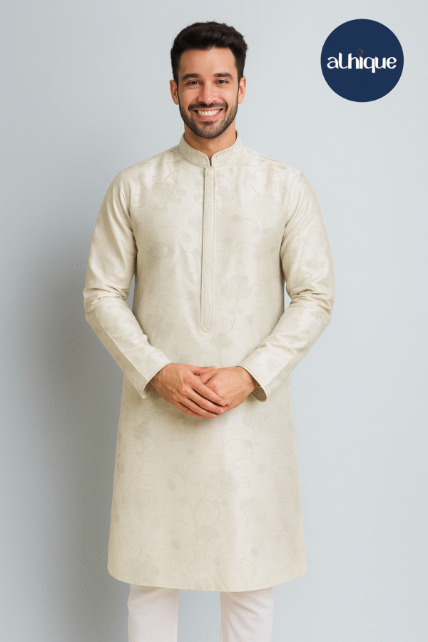 Attire Kurta Pajama Party Wear (Embroidered Work, Cream)