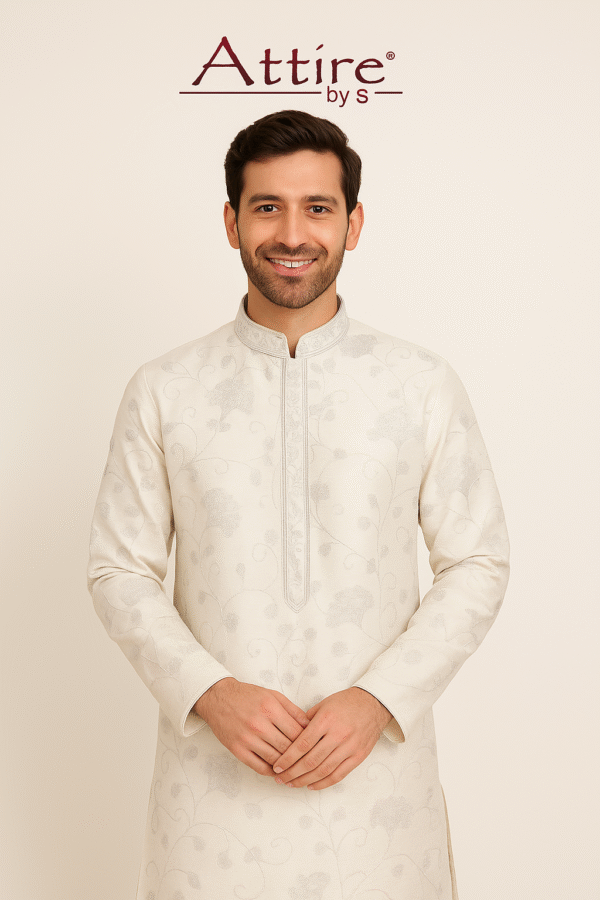 Attire Kurta Pajama Party Wear (Embroidered Work, Off-White)