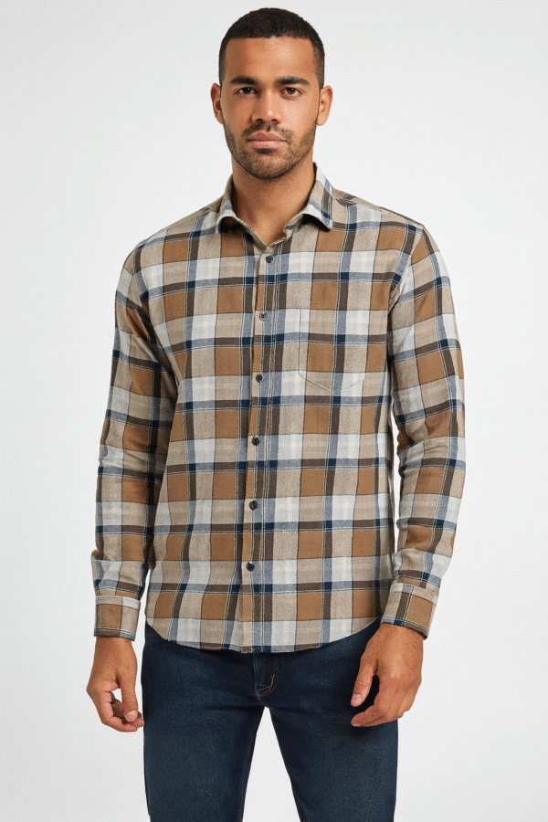 Casual Check Shirt (Beige Base with Blue & White)
