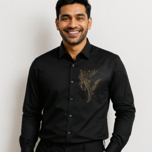Black party wear shirt with golden embroidery