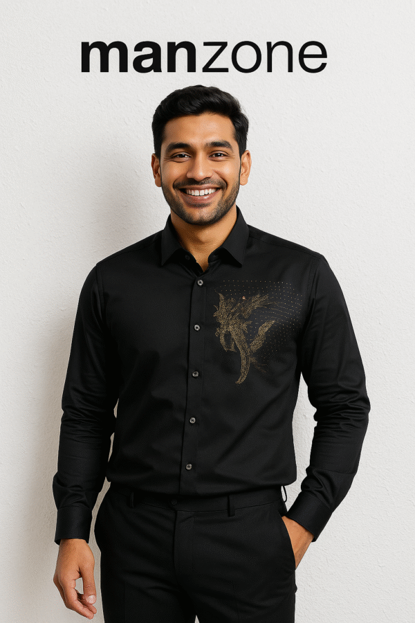 Black party wear shirt with golden embroidery