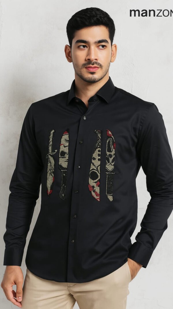 Black party wear shirt with knife embroidery
