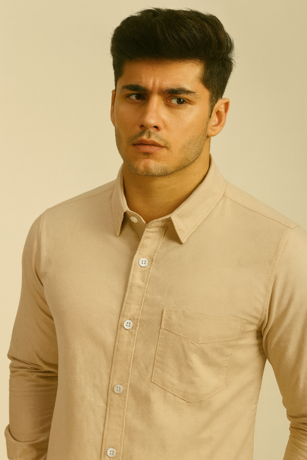 Casual Shirt (Dark Beige Solid, 100% Cotton)
