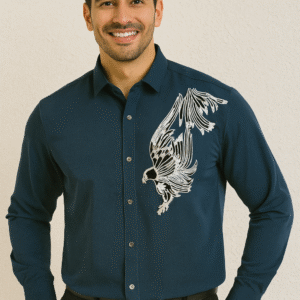 Dark teal blue party wear shirt with eagle embroidery