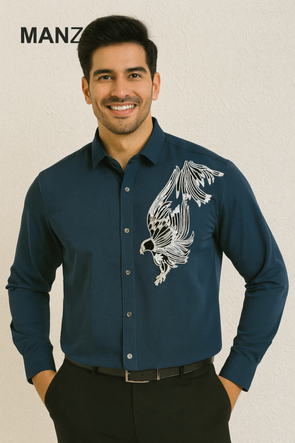 Dark teal blue party wear shirt with eagle embroidery