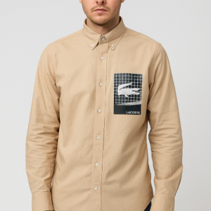 Lacoste Oxford Fabric Shirt (Beige with Chest Pocket Print)