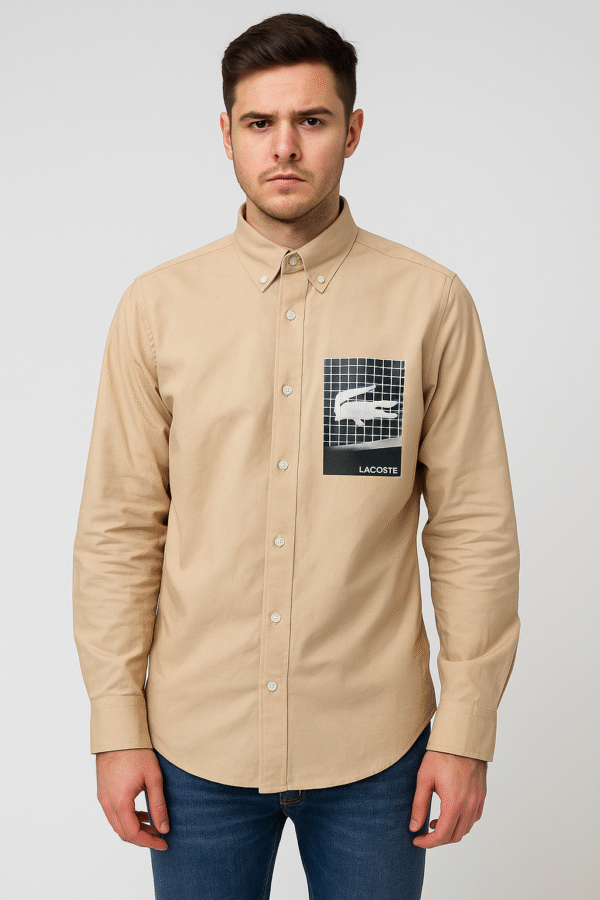 Lacoste Oxford Fabric Shirt (Beige with Chest Pocket Print)