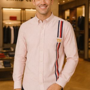 100% Cotton Casual Shirt with Chest Embroidery (Pink Stripes)