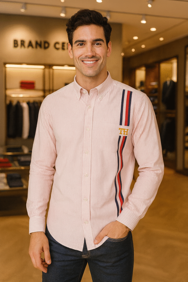100% Cotton Casual Shirt with Chest Embroidery (Pink Stripes)