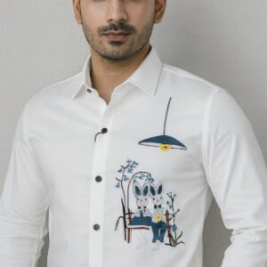 White party wear shirt (premium embroidered, rabbits)