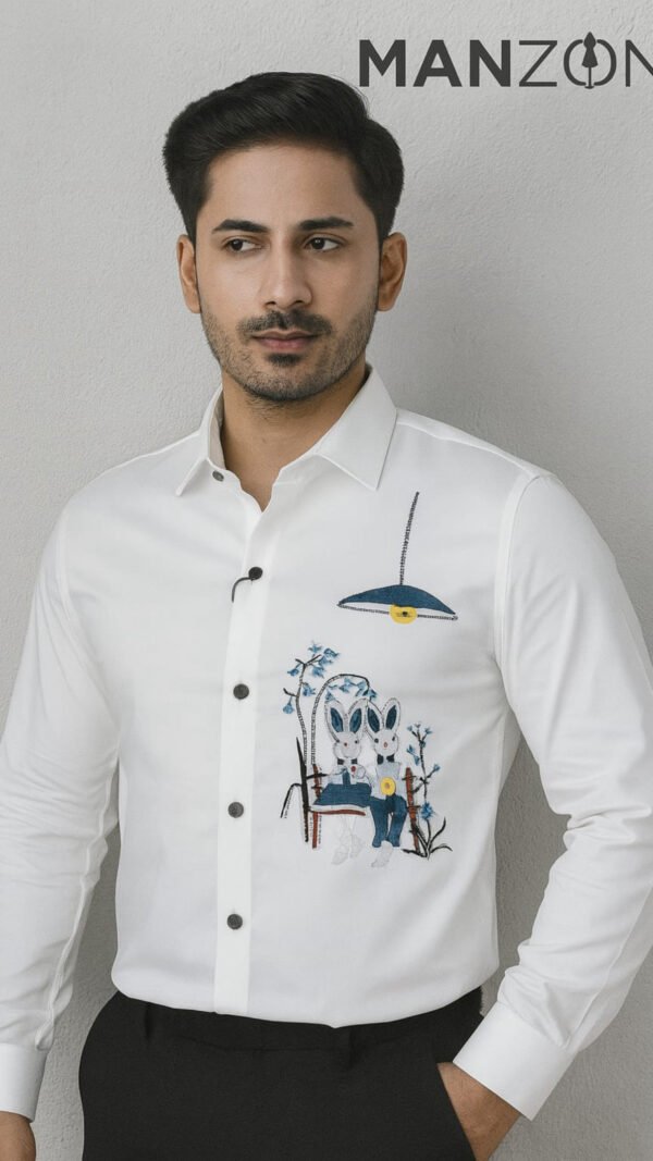 White party wear shirt (premium embroidered, rabbits)
